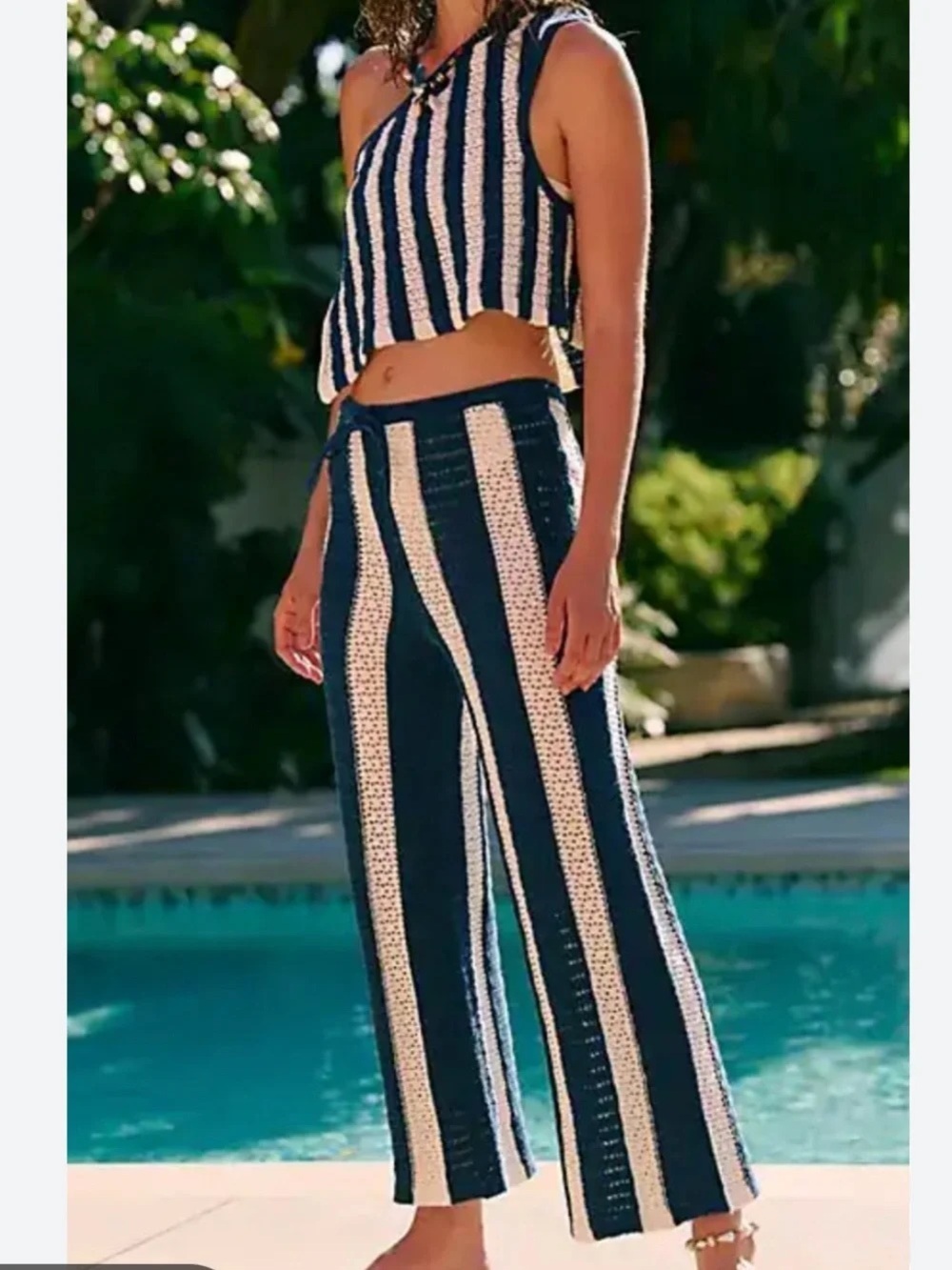 Free People Navy and Cream Crochet Wide Leg Pants